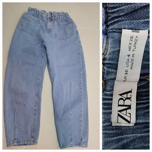 ZARA Barrel Jeans Womens SZ 4 High Rise Scrunch Waist Patch Pocket - Picture 1 of 9
